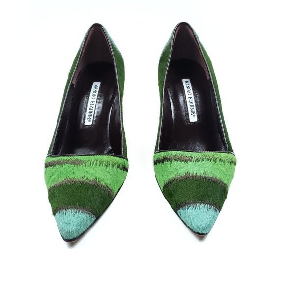 Manolo Blahnik Green Striped Animal Fur Pumps Heel - Picture 4 of 8